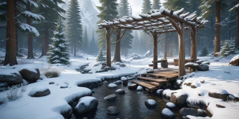An arbor in the mountains amidst towering firs covered in snow with a frozen stream and surrounding rocks, snowy landscape, frosty woods, mountain scenery