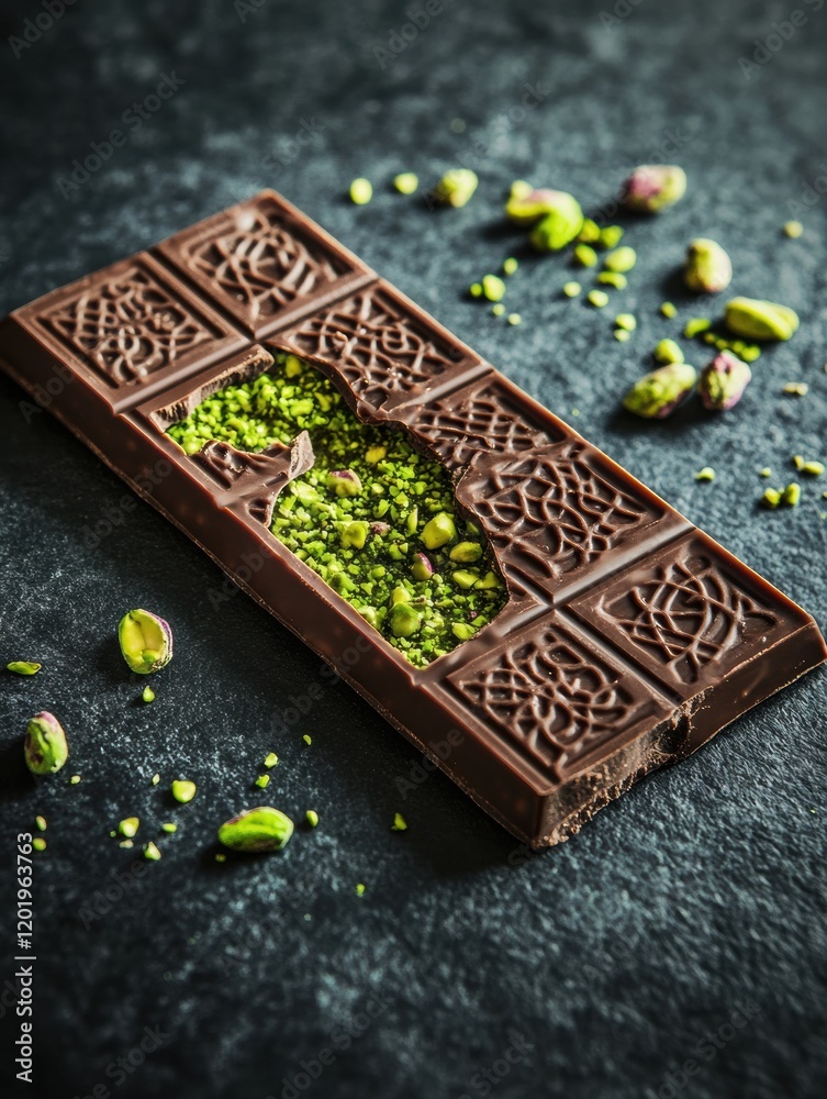 Poster delicious chocolate with pistachio filling on a golden plate surrounded by intricate arabic patterns