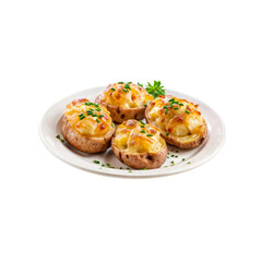 Cheesy Potato Skins: Four golden-brown baked potato skins, bursting with melted cheese and a sprinkle of fresh herbs, create a mouthwatering image for your culinary projects.
