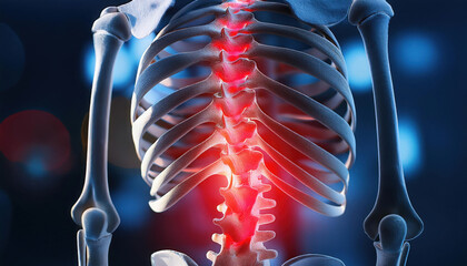 Visualization of spinal structure highlighting areas of concern with red illumination for educational purposes