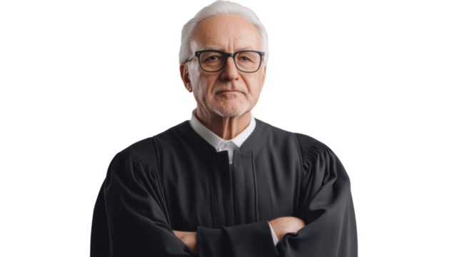 A serious senior judge in a traditional black robe presents an authoritative figure, symbolizing justice and law in a courtroom environment.