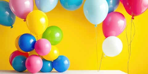 A stack of colorful balloons tied to a table against a bright yellow birthday background, celebration, holiday, colorful