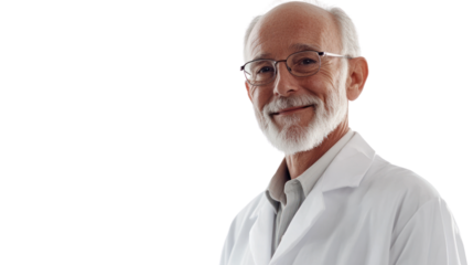 Smiling elderly doctor in a white coat exuding warmth and professionalism, ideal for healthcare and medical themes or illustrations.