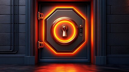 Fototapeta premium Illuminated vault door in dark room.