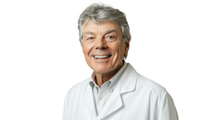 Smiling senior male doctor in a white coat, showcasing warmth and professionalism. Ideal for healthcare, medical, and wellness related themes.