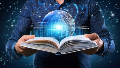 Student explores planetary gravity theory through an open book amid cosmic visualization