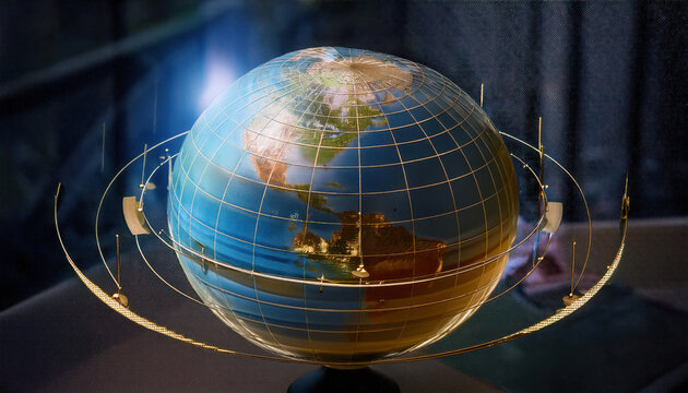 Study of gravitational force grid illustrating laws of motion and action-reaction dynamics on a globe
