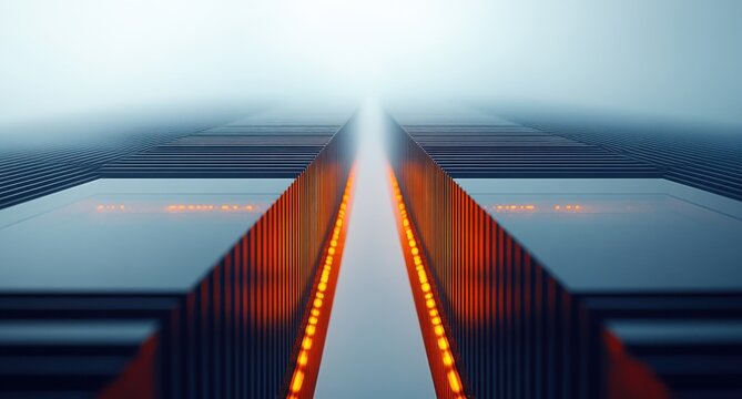 Abstract futuristic view of parallel structures with glowing light accents on a foggy background, depicting modern architecture and creative design concepts.
