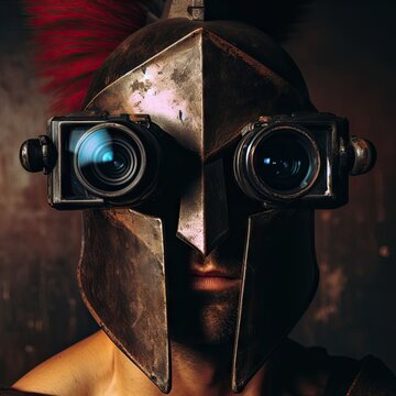 Epic Spartan Soldier with Camera Lenses,Photography-Themed Spartan Warrior Design