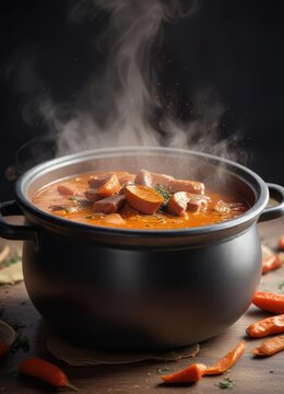 A steaming hot pot of alubias de Tolosa with a sprinkle of paprika on top , Spanish cuisine, bean soup, alubias de tolosa