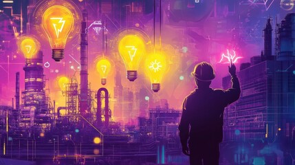 Obraz premium Digital conceptual illustration of an engineer in a vibrant industrial setting, surrounded by glowing light bulbs symbolizing innovation and energy solutions.
