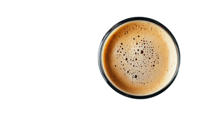 A close-up view of a frothy cup of coffee, showcasing its rich texture and creamy foam. Perfect for coffee lovers and food enthusiasts alike.