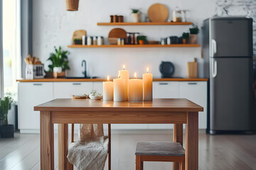 Candles on wooden table in modern kitchen