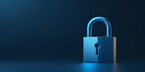 Fototapeta premium A shiny blue padlock standing upright against a dark gradient background, symbolizing security, safety, and protection in a minimalist and modern design concept.