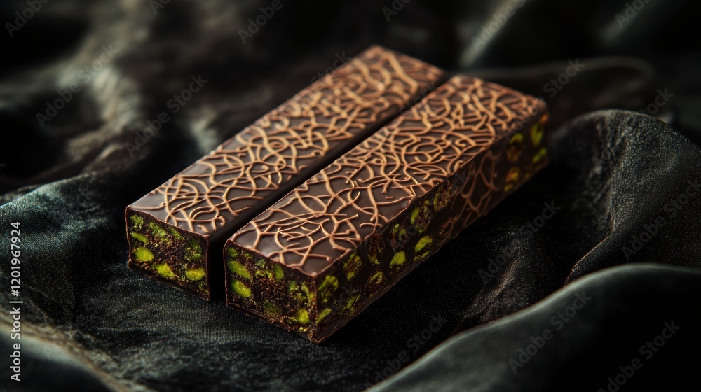 Poster indulge in rich chocolate bars filled with pistachio on an ornate plate adorned with arabic patterns