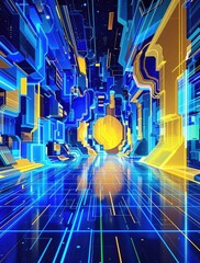 A striking combination of blue and yellow hues with geometric shapes creates a dynamic atmosphere on an abstract background, abstract background, blue and yellow hues, abstract art, modern style