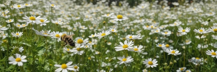 A striped bee sits serenely amidst a sea of white wildflowers swaying gently in the breeze, insect behavior , natural beauty