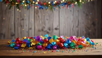 A stunning arrangement of colourful confetti and tinsel on a wooden table or mantelpiece, creating a lively and festive atmosphere for the winter holidays , tinsel, decorative items