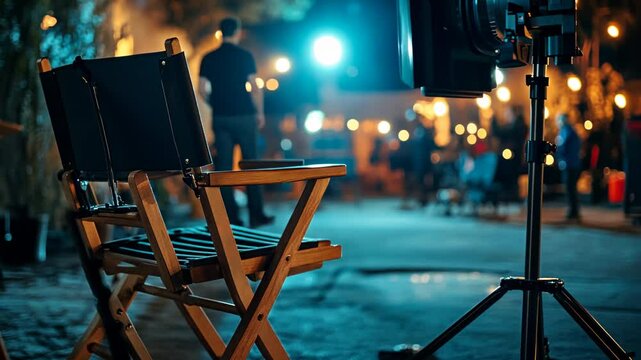 Close-up of a director's chair on set, with movie lights and crew in the background. The focus is on the seat. The scene is set outdoors at night under streetlights,