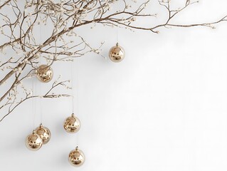 Fototapeta premium Gold Ornaments Hanging From Winter Branches Against White Wall