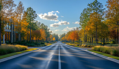 Beautiful Suburban Street Lined with Autumn Trees and Soft Morning Light in a Peaceful Neighborhood