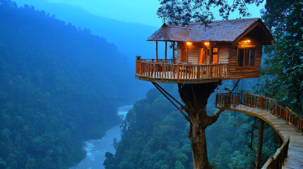 Mountaintop treehouse retreat overlooking river valley at dusk; travel brochure