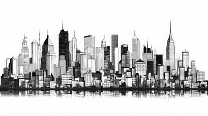 Naklejka premium Urban Skyline Silhouette: A striking black and white silhouette of a modern cityscape, showcasing a dense collection of skyscrapers with reflections shimmering on a calm body of water.