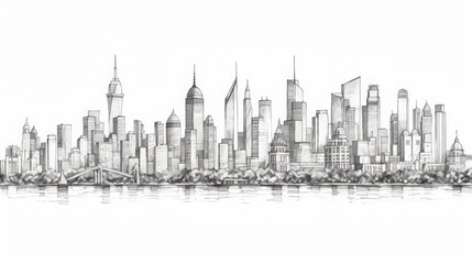 Cityscape Sketch: A detailed hand-drawn sketch of a modern city skyline, featuring a variety of skyscrapers and buildings, creating a sense of urban dynamism and energy.