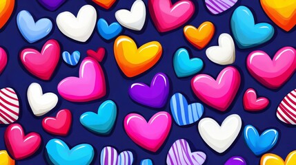 Colorful Hearts Pattern Background - A vibrant seamless pattern of multicolored hearts on a dark blue background, perfect for Valentine's Day or any celebratory design.