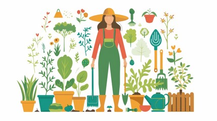 Fototapeta premium A woman in gardening attire surrounded by plants and gardening tools, promoting gardening and nature.