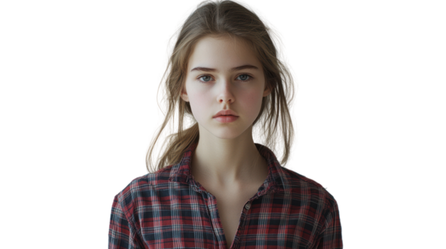 A young woman with a serious expression, dressed in a plaid shirt, standing against a plain background. Captures beauty and introspection. - Powered by Adobe