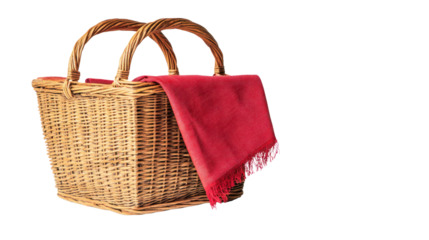 A beautifully woven wicker basket adorned with a vibrant red cloth, perfect for picnics, shopping, or home decor, adding rustic charm to any setting.