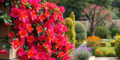 A stunning wall covered in bright pink and orange bougainvillea blooms against a tranquil garden backdrop, bougainvillea, purple, natural