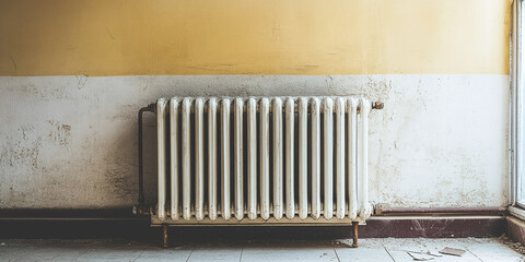 Rusty white radiator against a yellow and white peeling wall in an old room with cracked tiles, highlighting neglect, decay, and industrial interior details.