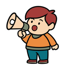 Cartoon Boy Holding Megaphone Vector Isolated on Transparent Background.