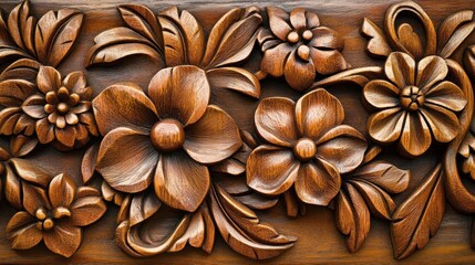Intricate wood carving of flowers and leaves.