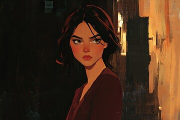 Fototapeta premium Thoughtful Young Woman in Striking Illustration