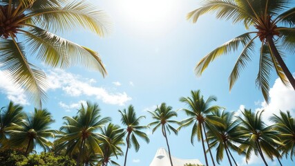 A sunny day at a tropical island with swaying palm trees and a blue sky, warm, relaxed, scenery