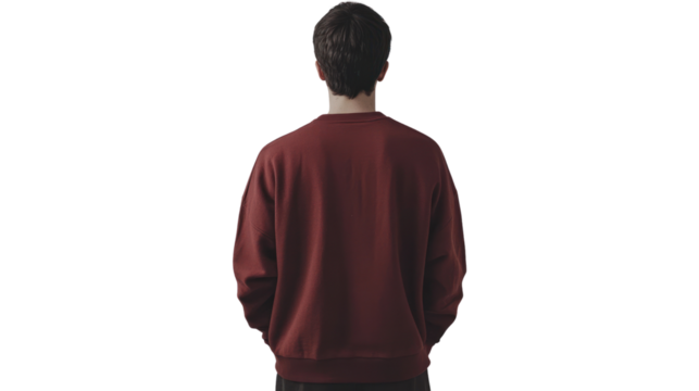 A young man stands with his back to the camera, wearing a casual maroon sweatshirt. The scene conveys comfort and modern style, perfect for lifestyle themes.