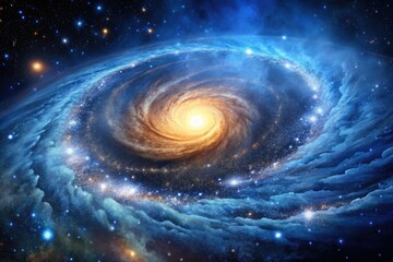 Obraz premium A cosmic landscape featuring a stunning spiral galaxy with billions of twinkling stars and glowing gas clouds against a deep blue background, universe, gas clouds