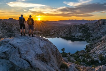 Obraz premium Two Hikers Admire Sunset from Rocky Mountain Peak