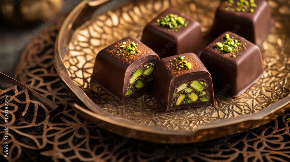 Poster delicious chocolate pieces filled with pistachio displayed on a golden plate adorned with intricate 