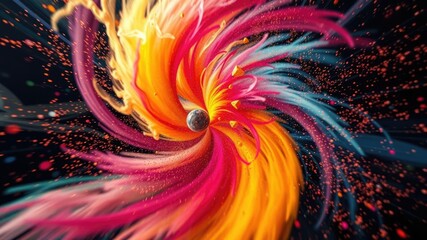 A swirling vortex of color erupts from a central point, with shimmering particles dancing in mid-air in a dazzling display, colors bursting, luminescent debris, chromatic splendor
