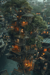 Fototapeta premium a mystical treehouse incorporated into a bustling cityscape, shot from a surprising aerial perspective Medium