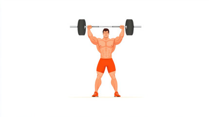 Strong weightlifter lifting barbell overhead in bright shorts and shoes
