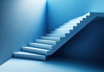 Aesthetic Interior Architectural Design Featuring Stairs in a Light Blue Color Scheme with Soft Shadows and Ambient Light for Creative Background or Conceptual Use