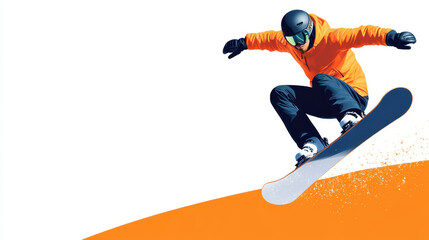 Fototapeta premium Snowboarder performing trick in vibrant orange and blue colors