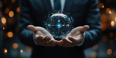 Fototapeta premium Close-up of a holographic digital compass floating above hands in a dark background, symbolizing technology, innovation, and navigation in the modern world.