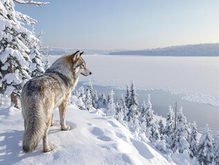 Fototapeta premium A timber wolf stands on a snowy ridge overlooking a frozen lake and forest, wildlife, snowy trees, snow, nature