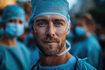 portrait of a doctor wearing mask with many doctors at back ground